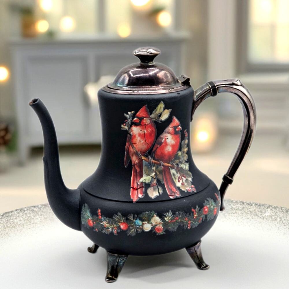 Vintage Silverplate Christmas Teapot Upcycled Cardinals Deer Holiday Decor IOD